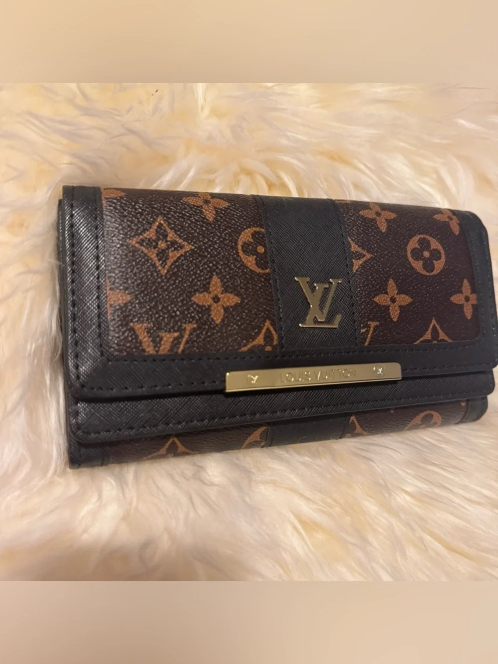 LV Style Monogram Wallet Brown Gold Hardware Envelope Slim Chic